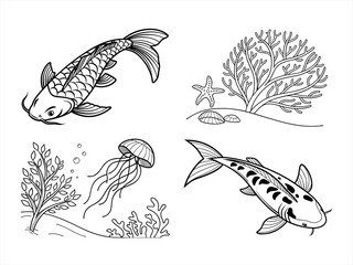 coloring page line art the sea fan black vector bundle