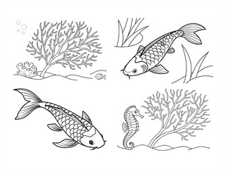 coloring page line art the sea fan black vector bundle