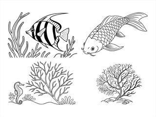 coloring page line art the sea fan black vector bundle