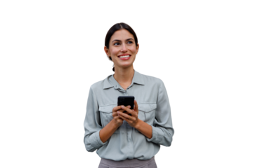 Enthusiastic businesswoman using smartphone, smiling and looking up, happy with new ideas, transparent background