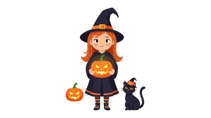 Spooky Halloween Witch & Friends: A charming cartoon depiction of a young witch with a carved pumpkin, accompanied by a cheerful black cat, embodies the magic and wonder of the Halloween holiday.