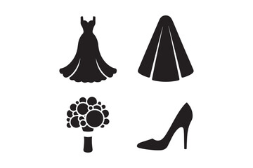 Wedding attire icons dress veil bouquet and high heel shoe