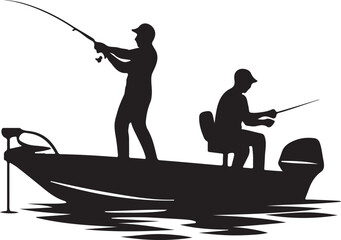 A vector silhouette of two men fishing on a bass boat.