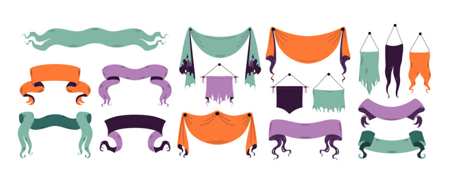 Big set of Halloween decorative multicolored ribbons and ragged banners. Perfect for eerie party decor, haunted house design, poster, invitation and spooky seasonal project. Vector flat illustration.