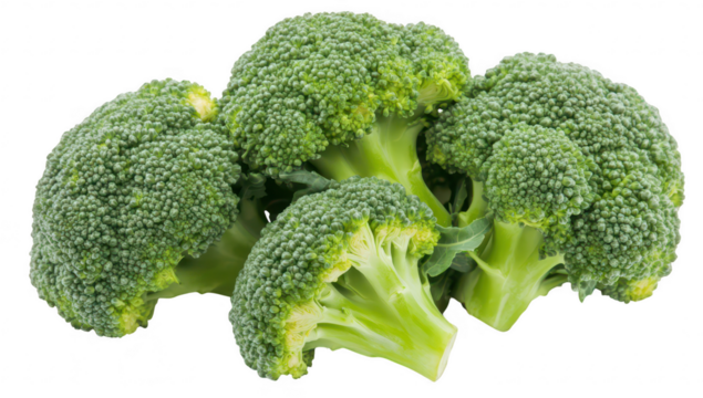Freshly harvested broccoli clusters green florets and crisp stems. arranged aesthetically on a clean white background. ideal for culinary or health-related content