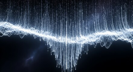 Abstract graphic design featuring a dynamic, flowing composition of luminous white particles, forming undulating waves against a dark background.
