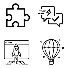 Vector art of four black and white icons puzzle, chat, rocket, and hot air balloon