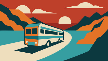 Vintage poster-design with a bus traversing a mountainous terrain. The sunset illuminates the sky in red and orange hues, while mountains and water are depicted in contrasting blue tones