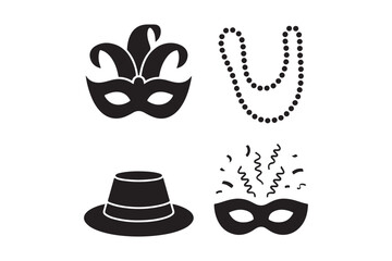 Mardi gras icons featuring masks hats and beads