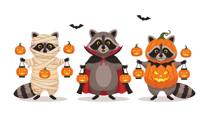 Halloween Raccoon Trio: Three adorable raccoons are dressed in iconic Halloween costumes, each holding a glowing jack-o'-lantern, with bats playfully flitting above.