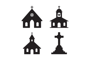 Collection of black silhouette church and cross icons