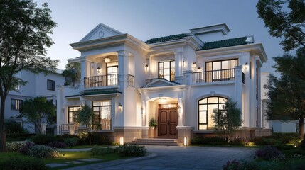 Luxury mansion exterior dusk