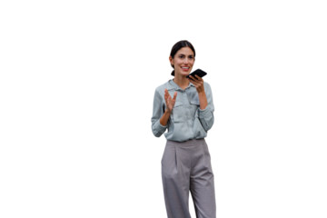 Woman standing, recording voice message on smartphone, smiling. Engaging with technology and communicating. Transparent background