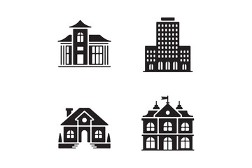 Collection of four distinct architectural building icons