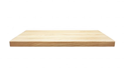 A clean. minimalist wooden shelf suspended in mid-air. its smooth surface and natural wood grain. ideal for modern interior decor or product display in a contemporary setting