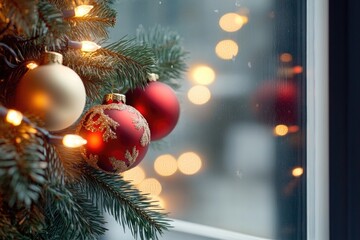 Festive holiday window display featuring red and gold ornaments with pine and warm lights