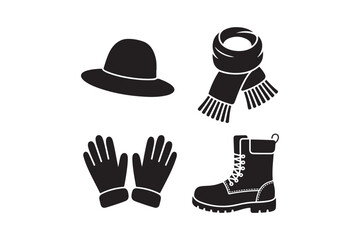 Winter clothing accessories set silhouette black and white