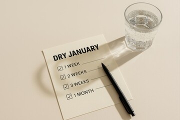 glass of water and dry january checklist on table promoting healthy lifestyle choice