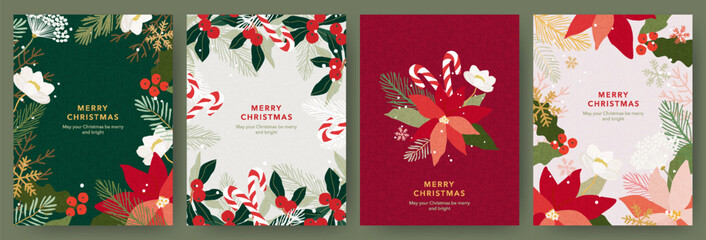 Merry Christmas greeting card Set. Modern beautiful Xmas design with hand drawn Poinsettia flowers, holly berries, fir branches, snowflakes and candy canes. Xmas art banner, poster, cover templates.