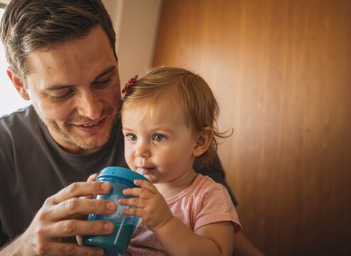young father helping toddler daughter drink from sippy cup in warm cozy home setting