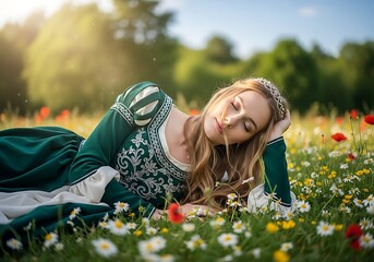 A beautiful young woman in a green medieval dress with a crown, resting peacefully in a sundrenched meadow filled with wildflowers and poppies, evoking a sense of serenity and fairytale enchantment