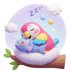 Naklejka premium Adorable pink parrot sleeps peacefully nestled with fish on tree branch isolated on transparent background