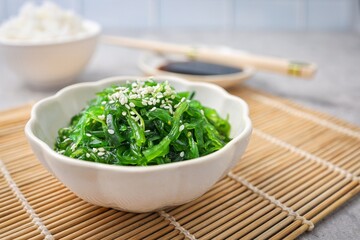 Seaweed salad,wakame salad, chuka wakame in white bowl	