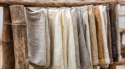 Medium shot of sustainable linen garment hanging on a rustic wooden rack showcasing fine weave and soft natural color with blurred surroundings.