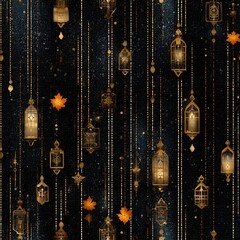 Elegant Pattern of Lanterns and Leaves on Dark Background