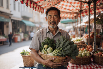 elderly asian man selling fresh vegetables at vibrant outdoor farmers market