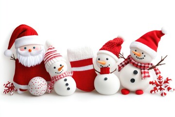 Festive christmas snowman family with santa and red decorations for holiday cheer
