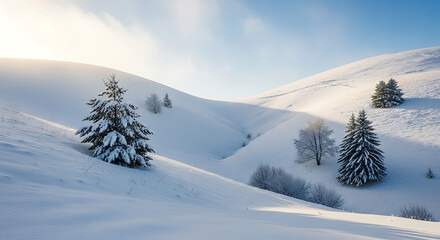 A winter landscape with snow covered hills and scattered evergreen trees under a bright sky light ai generated