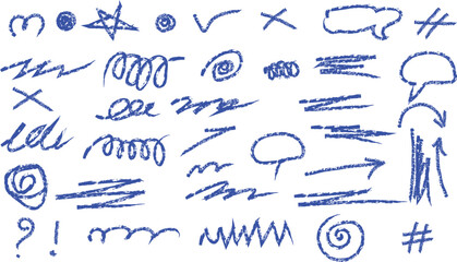 Playful blue sketch elements on white: speech bubbles, arrows, swirls, and doodles for creative projects, educational materials, and unique design accents