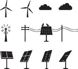 Clean Energy Icons. Outline icon set of Clean energy: solar panel, wind turbine, 
