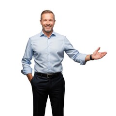 Smiling Man in Blue Shirt Gesturing Welcome happy friendly