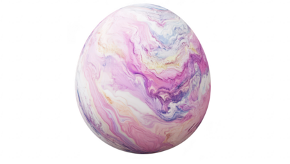 A beautifully marbled egg featuring swirling patterns of pink. purple. and white. set against a clean white background. ideal for seasonal decorations or artistic displays