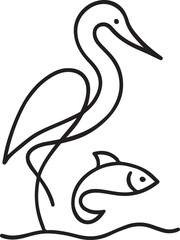 Nature landscape with birds silhouettes. Heron caught a fish on the lake. Vector illustration.