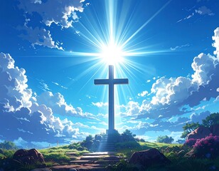 Cross on hilltop, vibrant sky