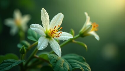 Obraz premium Detailed branch with white blossom, fresh green leaves, and dew drops in natural setting