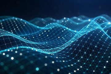 Abstract blue digital network grid with glowing particles