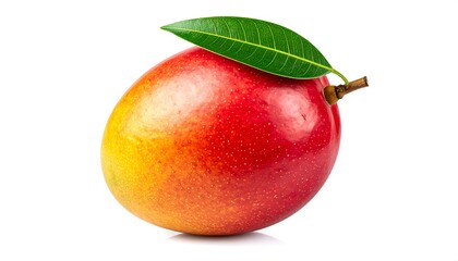 A ripe mango fruit with a vibrant gradient of colors, topped with a green leaf, isolated on a white background