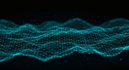 Fototapeta premium Abstract blue digital wave of connected dots and lines representing data flow and network connections on a dark background.