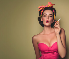 Creative fashion concept. Dark hair Pin-up glamour model with a cigarette burning, 1950s style hot pink bandana, curls hair, tight bustier dress with sexy coy playful expression. copy space
