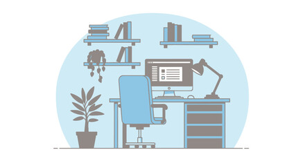 Fototapeta premium Modern home office setup with computer, chair, and desk organization for productive work