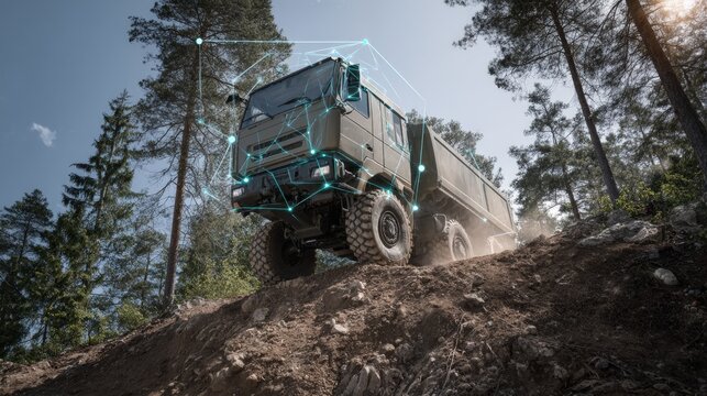 Medium shot showing a heavyduty truck equipped with smart algorithms maintaining balance on a rugged uphill path focused load sensors contrasted with soft surroundings.