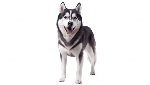 A playful Siberian Husky standing confidently against a white backdrop. its striking black and white fur. with a bright expression. suitable for pet-related content
