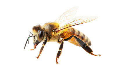 Close-up of a honeybee its intricate body structure and delicate wings. against a clean white background. ideal for educational or nature-themed projects