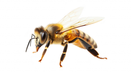 Close-up of a honeybee its intricate body structure and delicate wings. against a clean white background. ideal for educational or nature-themed projects