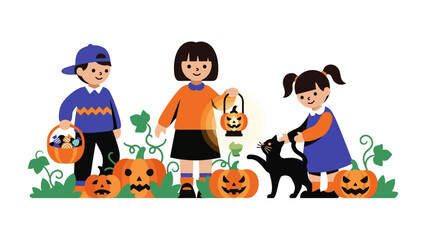 Halloween Kids: A delightful Halloween illustration featuring three children with playful jack-o'-lanterns, a black cat, and festive costumes against a spirited backdrop of the fall holiday.