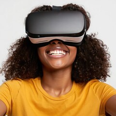Woman wearing virtual reality headset and smiling vr headset